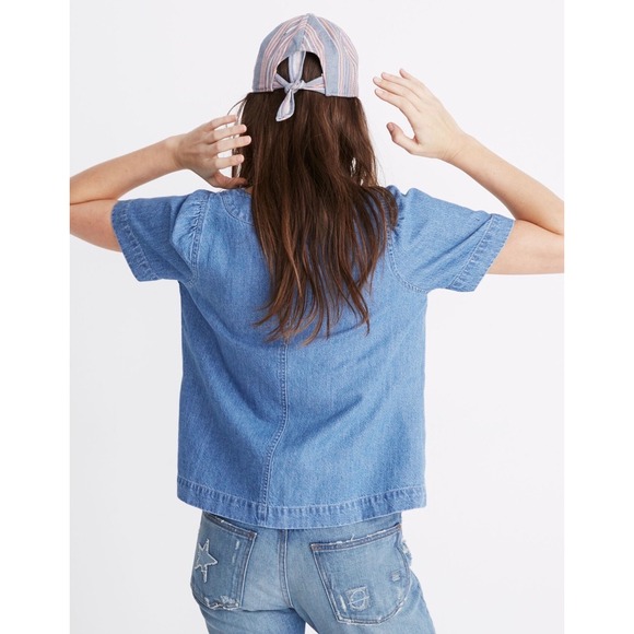 Madewell Denim Popover Swing Puff Sleeve Top Size M Blue Cotton Linen Blend - Picture 8 of 15